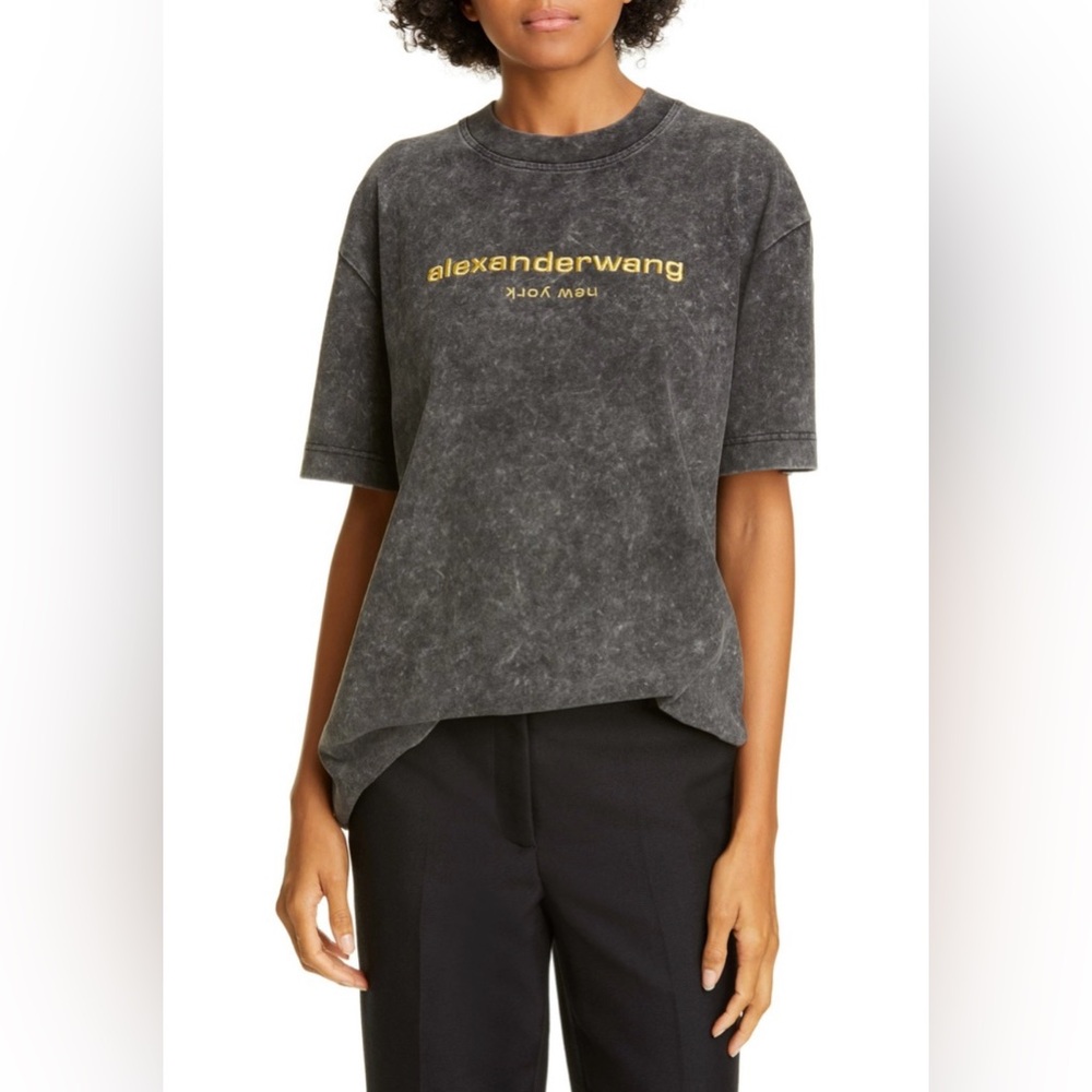 Alexander Wang Unisex Acid Washed Tee with Embroidered Logo in Acid Black